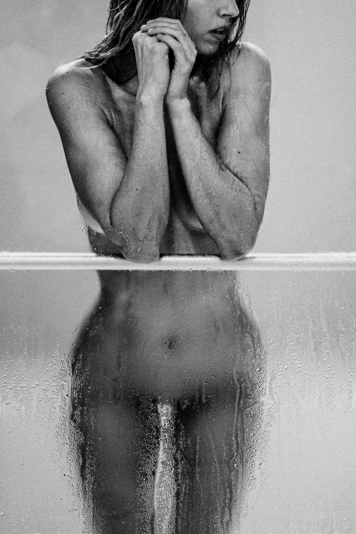 CRZYPNDA limited edition print — black and white photograph behind steamed shower glass